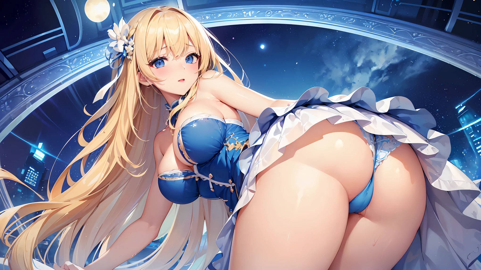 ((Highest quality、High resolution))、Beautiful woman、Perfect body、Beautiful and bountiful breasts、(tits)、long blond、bangs、Blue and white、Embellished blue sexy dress、skirt、(((ass pov、Showing panties、I'm tempting you、Woman inviting to sex、Love juice、Wet Panties)))、Outdoor Scenery、(Sexually excited facial expression)