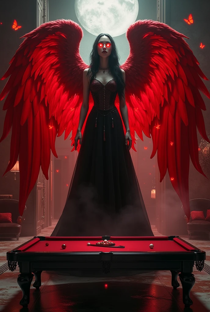 full glossy, full body,porcelain, Beautiful Gothic women with red wings and eyes walking, giant,and below it there is a living room with mirror dimensions and flying butterflies and beside it there is a pool table , dark background with droste silencer style