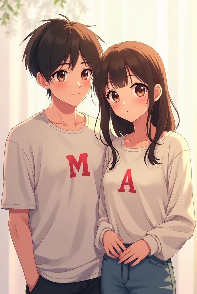 Korean anime married couple looking at camera with initials M and A on their chest