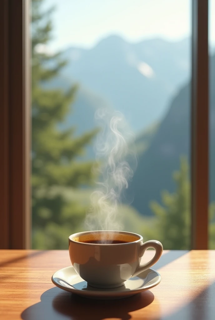 Cup of coffee overflowing with steam coming out of the cup On a table facing a window with a beautiful landscape
