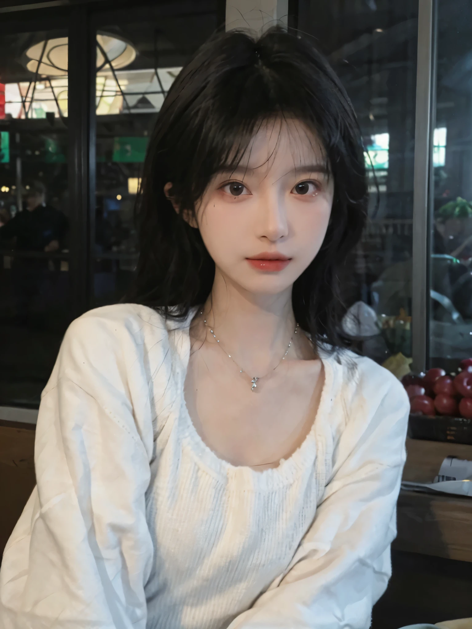 Best quality,Ultra-high resolution,(Realism:1.4),cute,cute发夹,girll,Cropped black sweater,Look directly at the audience,Full of atmosphere,Beautiful woman with a slim figure:1.4,supermarket,whole body,Super delicate face,Exquisite eyes,Double eyelids,necklace