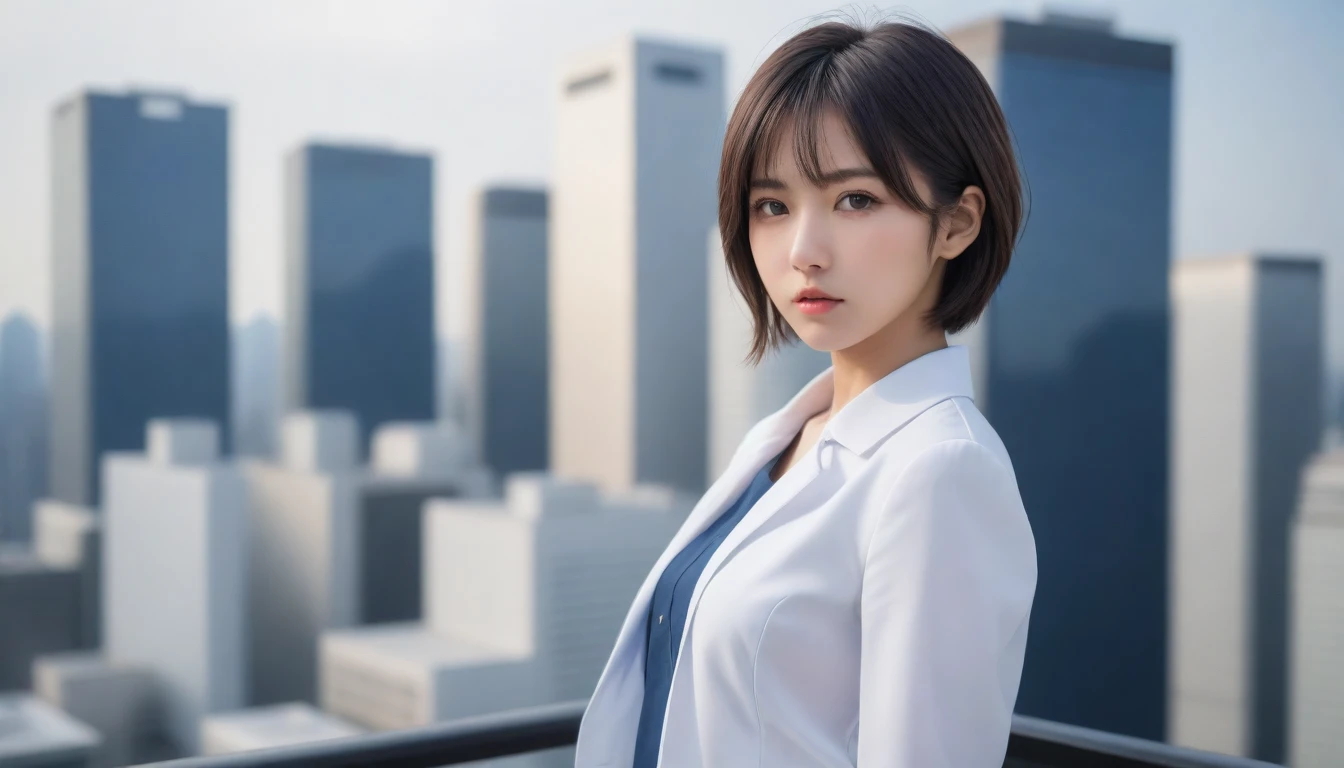 8k, Ultra-high resolution, Highest quality, masterpiece, 三分割法によるphotograph,Surreal, photograph, 1 , (:1.3), cute, cute顔, 細部までBeautiful Eyes, 細かくdetailedに,masterpiece,One Girl:1.2,Japanese women,Female announcer,cowboy shot,glaring,Black short hair,messy hair,from side,(White shirt:1.3),Dark blue blazer,Pencil Skirt,Rooftop,white collar,blue sky,Background of skyscrapers,(Beautiful attention to detail),Subtle details, detailedな顔,anger,Attractive eyes,(ポートレートphotograph:1.4),(Photorealistic images:1.4),Fantasy art,(Beautiful Face:1.4),美しくAttractive eyes、Beautiful Eyes,Silver residue,(Tight waist:1.4)、(Beautiful with perfect body proportions:1.4),Pink Lips,profile,(((Ideal body type))),A-cup small breasts :2,、Portraiture:2、Perfect Anatomy、鮮明なdetailed、detailed,Fashion magazine cover,Thin lips,完璧でBeautiful Face ,完璧でcute顔, Skin with attention to detail, Perfect limbs、Narrow waist,Surreal,Light and shadow,sunlight