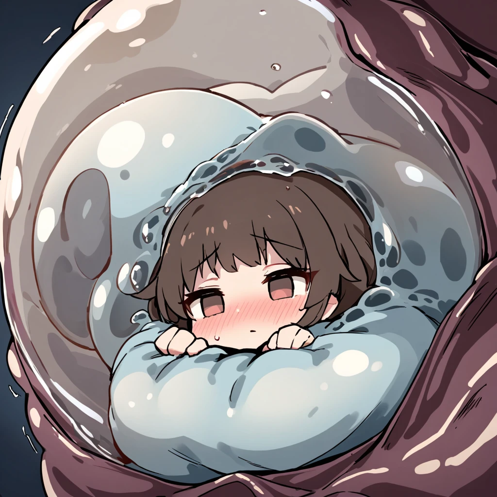 One giant blob of thick gelatinous slime making a girl's full body trapped inside of it, squeezing and kneading her whole body constantly, the girl feels exhausted by it
