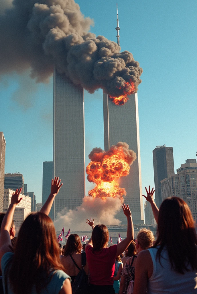 Plane crashing into the Twin Towers during a feminist march