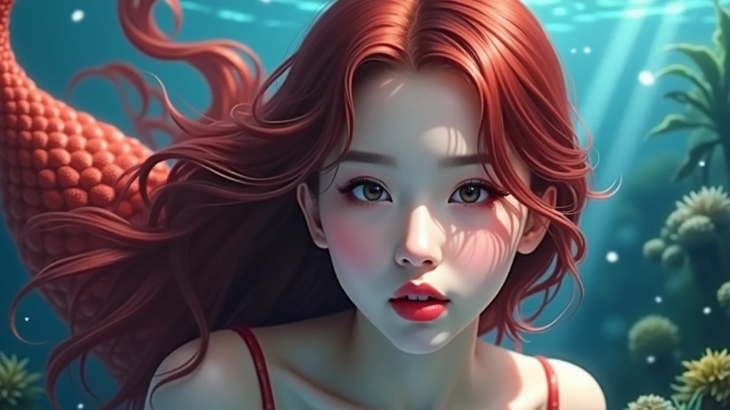 A realistic portrait of Karina of aespa with long flowing red hair, beautiful detailed eyes, beautiful detailed lips, extremely detailed face, elegant red mermaid tail, swimming underwater, close-up shot, underwater scene with ocean plants, sunlight rays, serene and peaceful atmosphere, vibrant colors, photorealistic, masterpiece, 8k. mermaid. A realistic image of Karina of aespa with red hair and a red mermaid tail, swimming underwater. Her face is the main focus of the image.