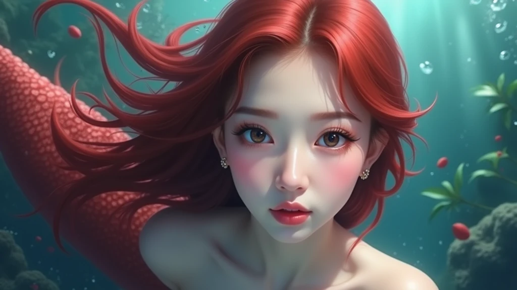A realistic portrait of Karina of aespa with long flowing red hair, beautiful detailed eyes, beautiful detailed lips, extremely detailed face, elegant red mermaid tail, swimming underwater, close-up shot, underwater scene with ocean plants, sunlight rays, serene and peaceful atmosphere, vibrant colors, photorealistic, masterpiece, 8k. mermaid. A realistic image of Karina of aespa with red hair and a red mermaid tail, swimming underwater. Her face is the main focus of the image.