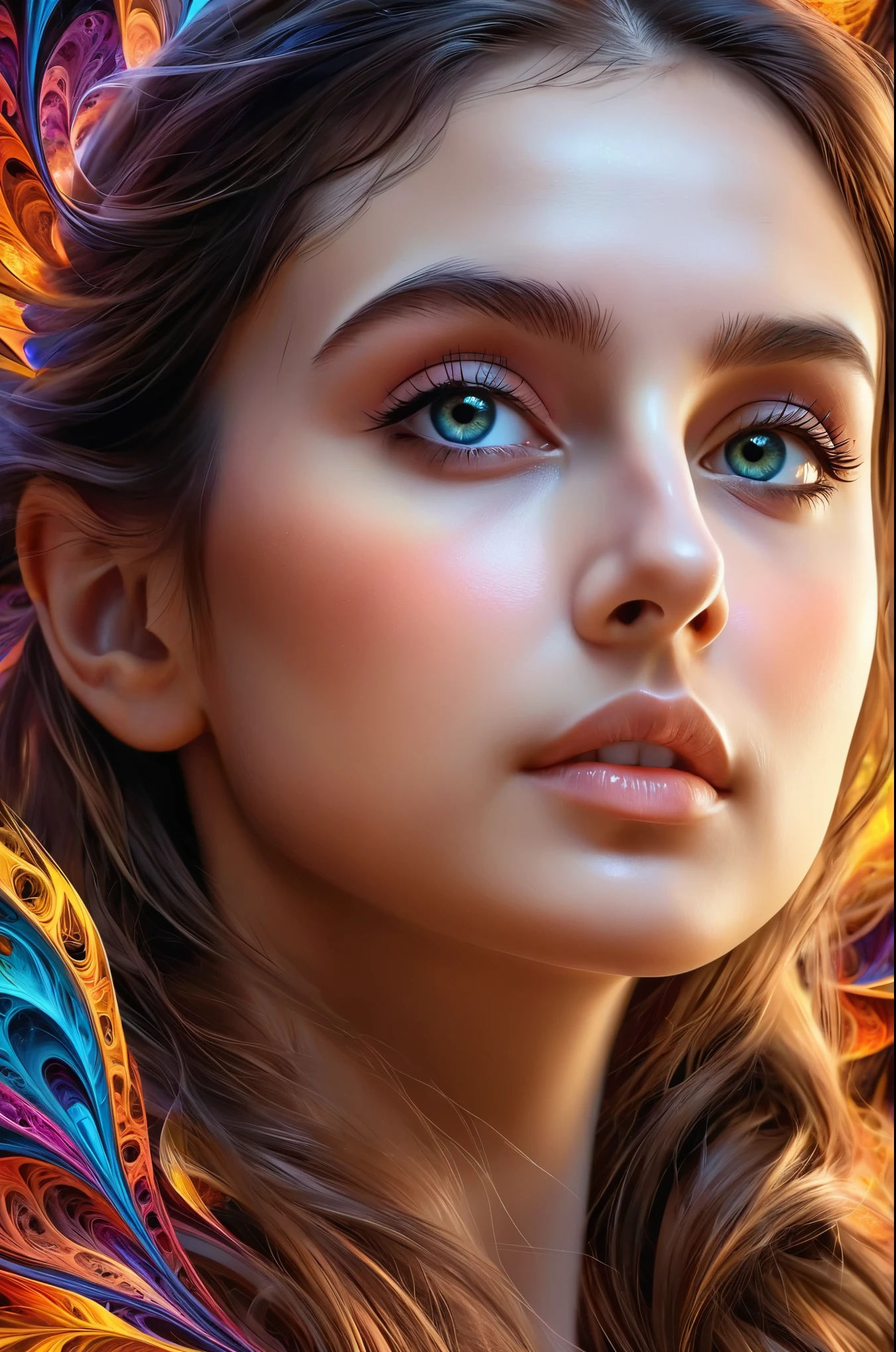 a beautiful girl in an abstract fractal art, detailed face, detailed colorful fractal patterns, best quality, 1girl, artsy, aesthetic, masterpiece, (best quality,4k,8k,highres,masterpiece:1.2),ultra-detailed,(realistic,photorealistic,photo-realistic:1.37),intricate fractal patterns,ethereal,dreamlike,vibrant colors,delicate facial features,elegant pose,serene expression,cinematic lighting,digital art