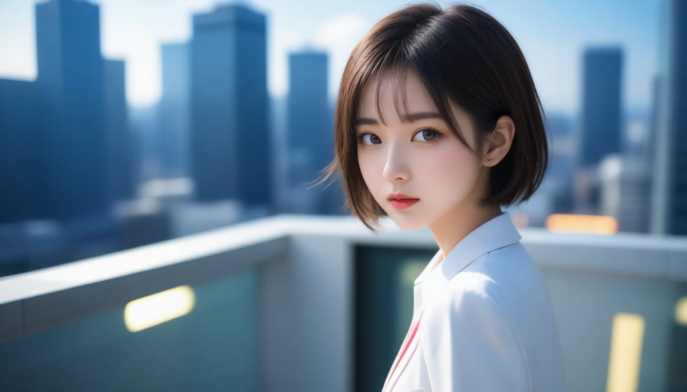 8k, Ultra-high resolution, Highest quality, masterpiece, 三分割法によるphotograph,Surreal, photograph, 1 , (:1.3), cute, cute顔, 細部までBeautiful Eyes, 細かくdetailedに,masterpiece,One Girl:1.2,Japanese women,Female announcer,cowboy shot,glaring,Black short hair,messy hair,from side,(White shirt:1.3),Dark blue blazer,Pencil Skirt,Rooftop,white collar,blue sky,Background of skyscrapers,(Beautiful attention to detail),Subtle details, detailedな顔,anger,Attractive eyes,(ポートレートphotograph:1.4),(Photorealistic images:1.4),Fantasy art,(Beautiful Face:1.4),美しくAttractive eyes、Beautiful Eyes,Silver residue,(Tight waist:1.4)、(Beautiful with perfect body proportions:1.4),Pink Lips,profile,(((Ideal body type))),A-cup small breasts :2,、Portraiture:2、Perfect ???????、鮮明なdetailed、detailed,Fashion magazine cover,Thin lips,完璧でBeautiful Face ,完璧でcute顔, Skin with attention to detail, Perfect limbs、Narrow waist,Surreal,Light and shadow,sunlight