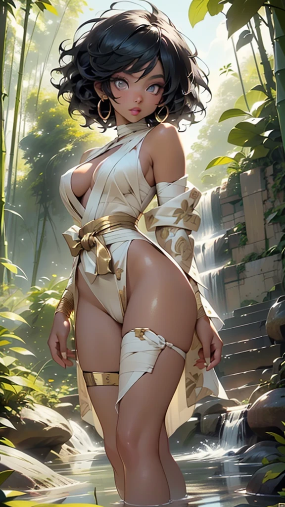 1female,age 5,Small ,Low chest exposure, 独奏,(Background with:bamboo forrest,lotuses,lotus flower,exteriors,Lotus pond) She has short black hair,standing on your feet,Sweat profusely,drenched all over the body,seen from the front, hair straight, mostly cloudy sky,(((tmasterpiece),(Very detailed CG unity 8K wallpaper),best qualtiy,cinmatic lighting,detailed back ground,beatiful detailed eyes,Bright pupils,Black eyes,(Very fine and beautiful),(Beautiful and detailed eye description),ultra - detailed,tmasterpiece,)),facing at camera,A high resolution,ultra - detailed),revealing breasts,Bare genitalia, Bulge,legs are open,Raised sexy,Camel toes,Flushed complexion,Open-mouthed,frontage,Supergirl(Wearing:Transparent robe,Gold wire embroidery,)