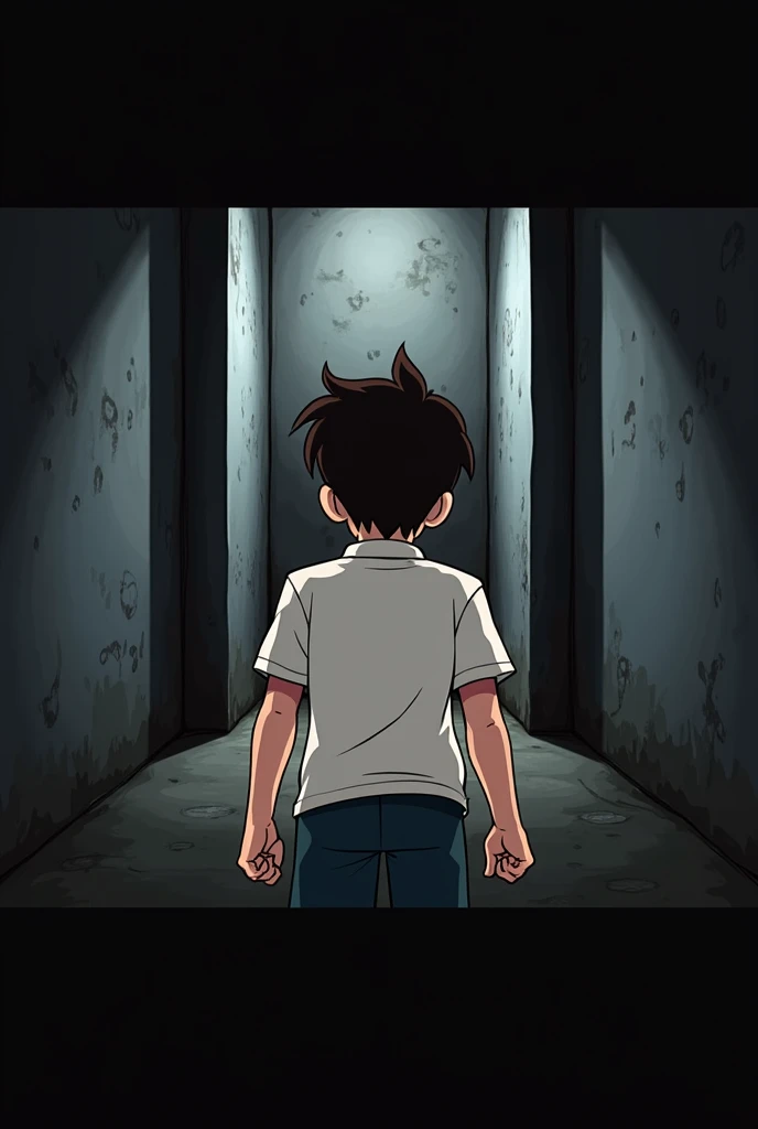 scared boy with his back turned with a surprised pose, He is in front of a wall (It's a dead end). (animated)