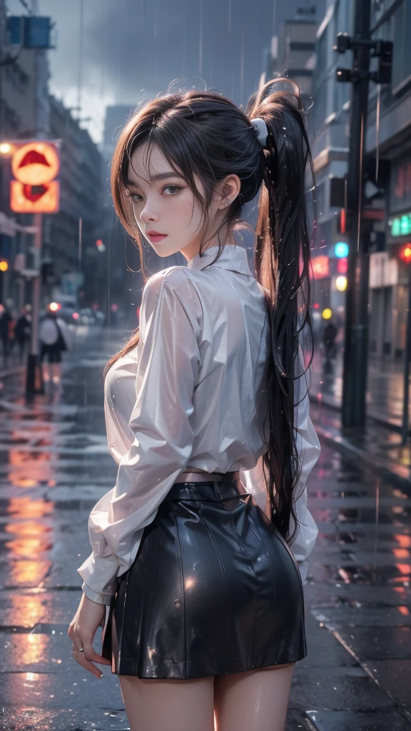 ulzzang-6500-v1.1, (RAW photo: 1.2), (Real photo), (Real photo: 1.4), 1 girl、Perfect anatomy、1、Looking at the camera、((from behind)), Medium length hair, pigtails on both sides, Wet hair in the rain, soaked skirt, no umbrella, walking on the street, ((on the street without a single person, in the rain under the cold night sky: 1.2)), (Wet clothes: 1.2), (Business service)、Asian eyes Ella,