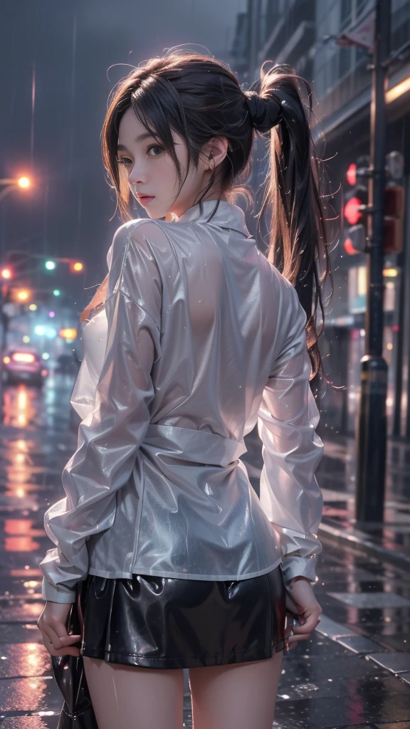 ulzzang-6500-v1.1, (RAW photo: 1.2), (Real photo), (Real photo: 1.4), 1 girl、Perfect anatomy、1、Looking at the camera、((from behind)), Medium length hair, pigtails on both sides, Wet hair in the rain, soaked skirt, no umbrella, walking on the street, ((on the street without a single person, in the rain under the cold night sky: 1.2)), (Wet clothes: 1.2), (Business service)、Asian eyes Ella,