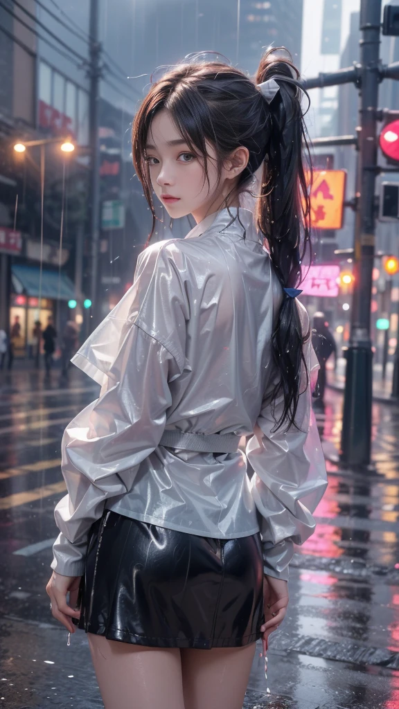 ulzzang-6500-v1.1, (RAW photo: 1.2), (Real photo), (Real photo: 1.4), 1 girl、Perfect anatomy、1、Looking at the camera、((from behind)), Medium length hair, pigtails on both sides, Wet hair in the rain, soaked skirt, no umbrella, walking on the street, ((on the street without a single person, in the rain under the cold night sky: 1.2)), (Wet clothes: 1.2), (Business service)、Asian eyes Ella,