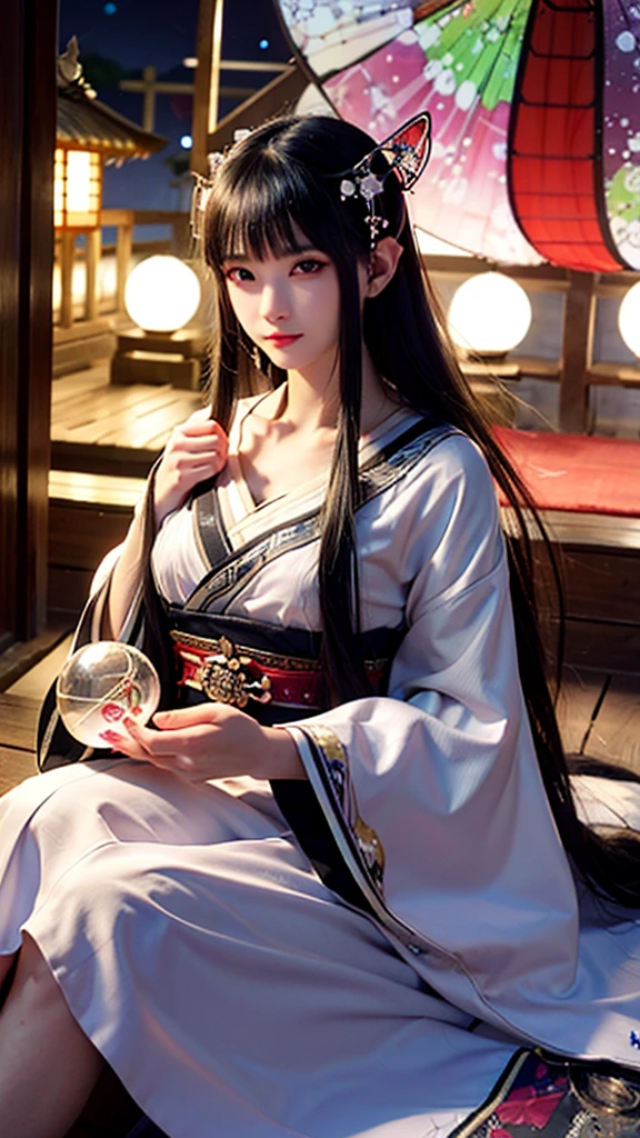 fortune teller、Shrine maiden、1 beauty、Cat Eyes、front、Make eye contact、Clear skin、mysterious、Fantasy、Fantasy、Flower pattern kimono、Gray Eyes、Heavy makeup、Solemn、Take a closer look、Cat Eyes、Face close-up、Benefits、Crystal ball background sparkling、Background Black、A soft and lustrous image
