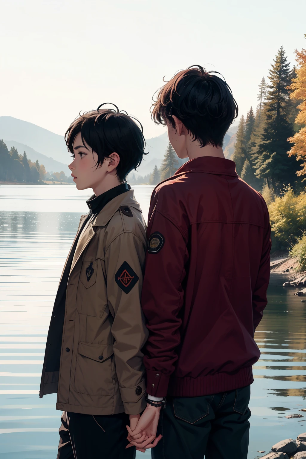 Image of two boys around the age of 13 on the edge of a lake,the one on the left has black hair and the one on the right has blond hair, (wearing red woolen bracelets) , holding hands with your back to the photo, colorful coats showing the bracelets one carrying the other on the back