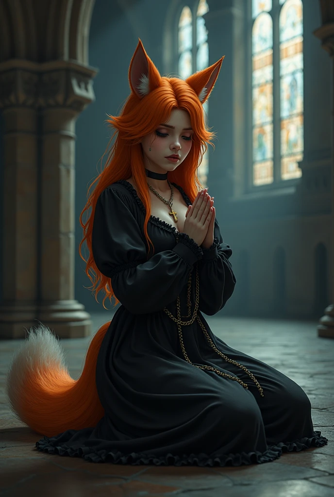 masterpiece, best quality, detailed, soft dim lighting, depth of field, anthro, Maid Marian, half lidded eyes, crying, kneeling, praying, black eyes, two-tone fur, orange fur, tail, barefoot, medium chest, sad, black clothing, ((praying, clasped hands holding a golden cross necklace)), frills, cathedral, moonlight, black choker