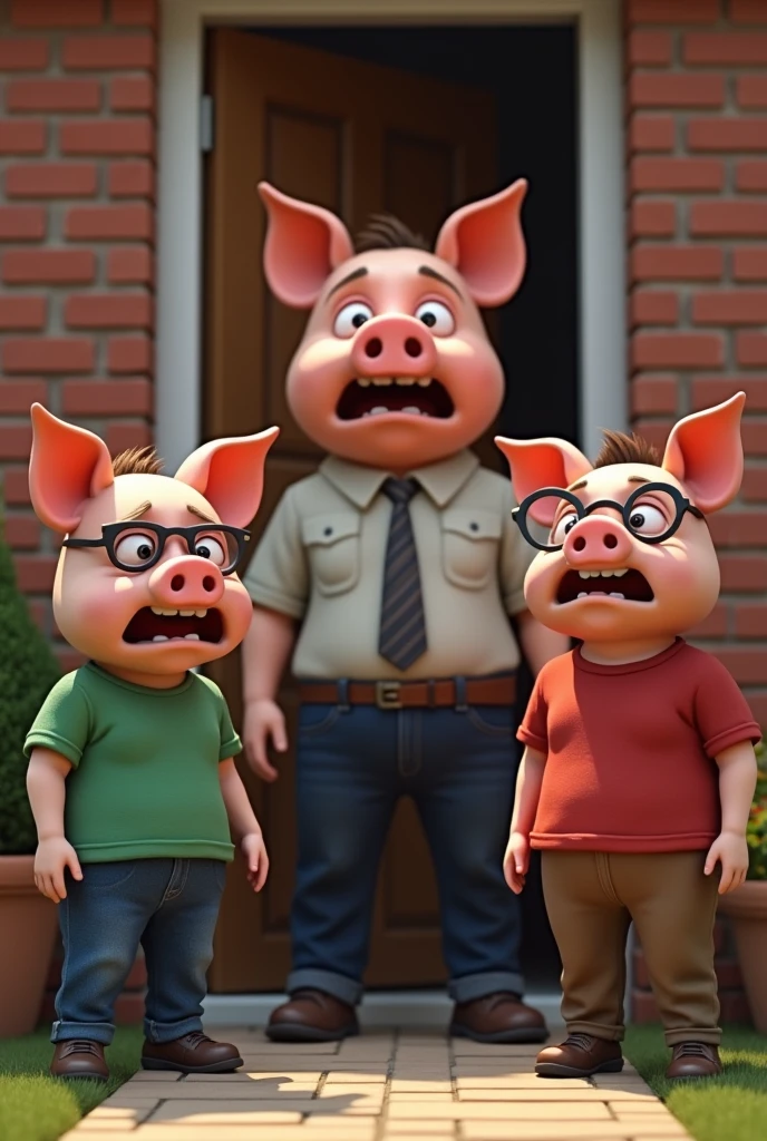The adult working pig with his clothes a shirt and tailored pants tidy is surprised when he opens the door of his brick house to his adult brothers a cool young pig stylish jeans green t-shirt and another intellectual brother red t-shirt brown pants with glasses who are scared crying sad for losing their homes
