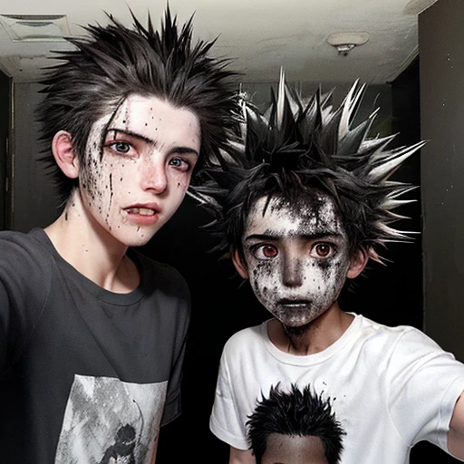 Two boys, covered in soot and with unkempt, spiky hair, taking a selfie after being caught in an explosion