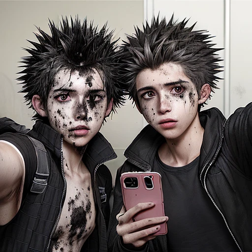 Two boys, covered in soot and with unkempt, spiky hair, taking a selfie after being caught in an explosion