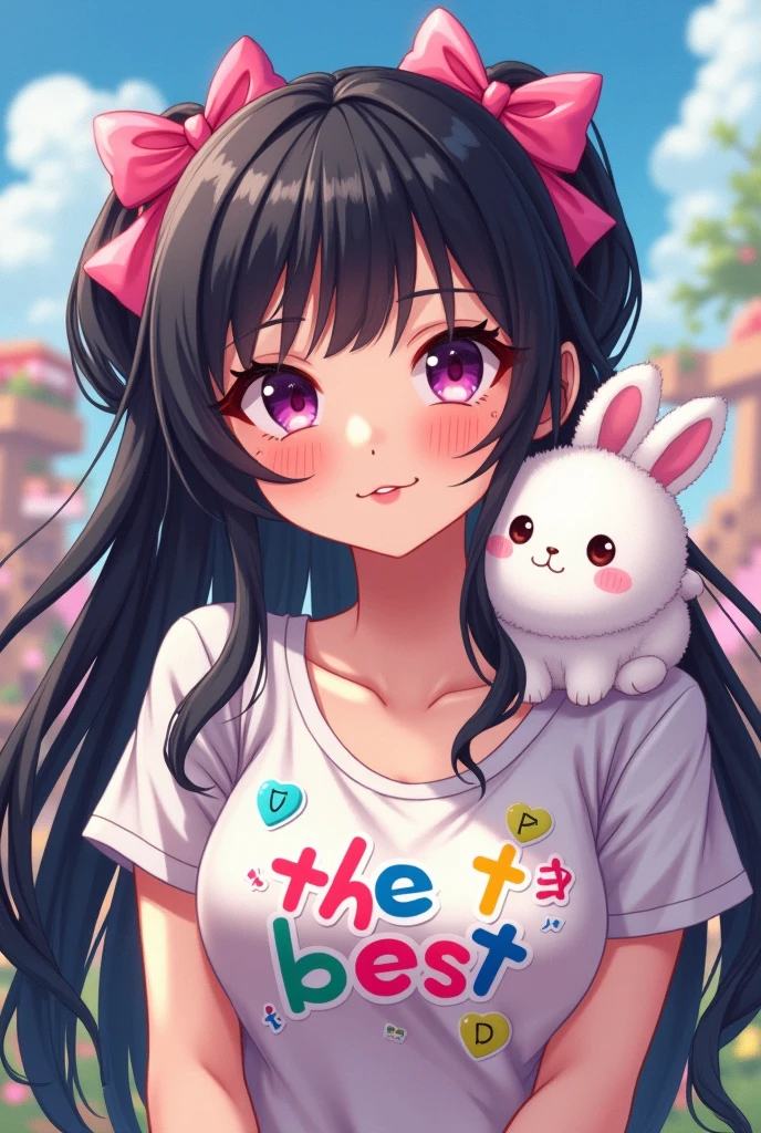 anime with long black hair, with 2 pink bows on the head, pink details, with a fluffy white rabbit on her shoulder, write on the shirt in Portuguese stickers of the best, and below stickers of the best writing @stickersdaManu
