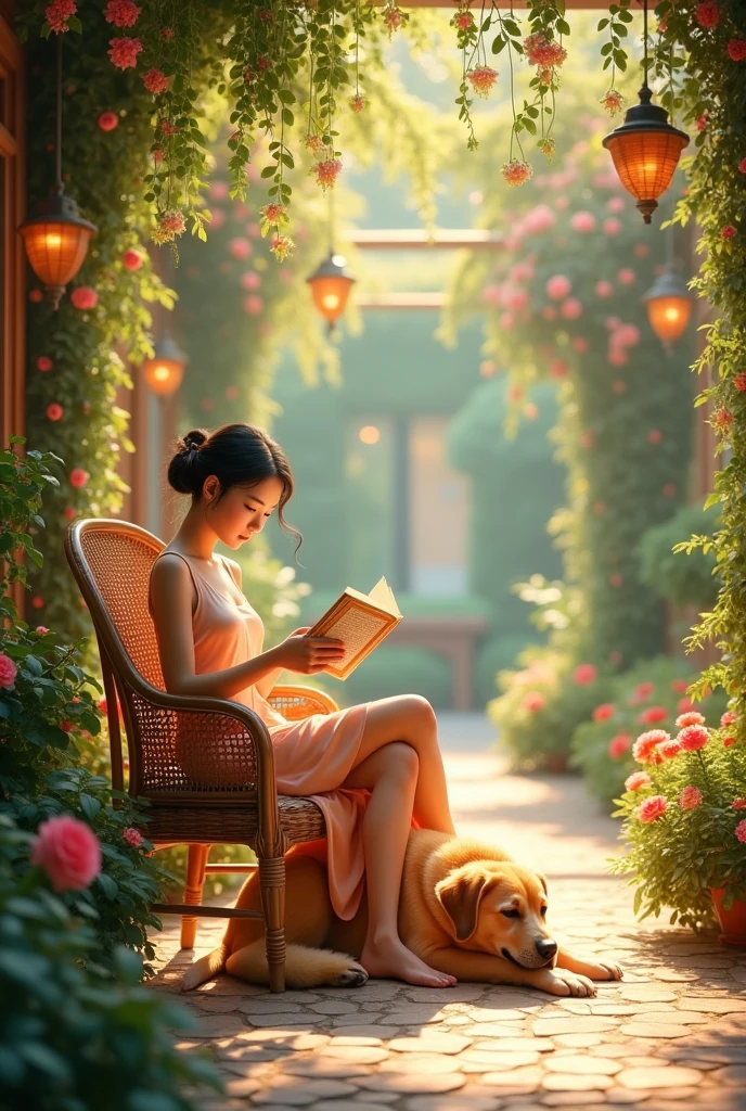 early morning,Sunlight shines into the cafe atrium.Flowers and trees grow luxuriantly on the stone road.Beautiful oriental girl sitting on a wicker chair and reading.Enjoy coffee and sunshine.There's a big yellow dog lying next to him.It’s a comfortable and peaceful morning moment..masterpiece, best quality, Ultra-high resolution, (Very detailed), (1 Fair Girl), (abstract:1.4),Green, visually stunning,( perfect anatomy )