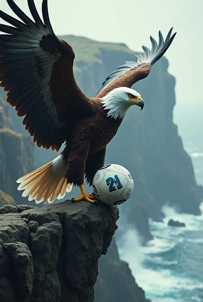 An eagle that is posing on the cliff with a lottery ball in its paw that forms the number 21