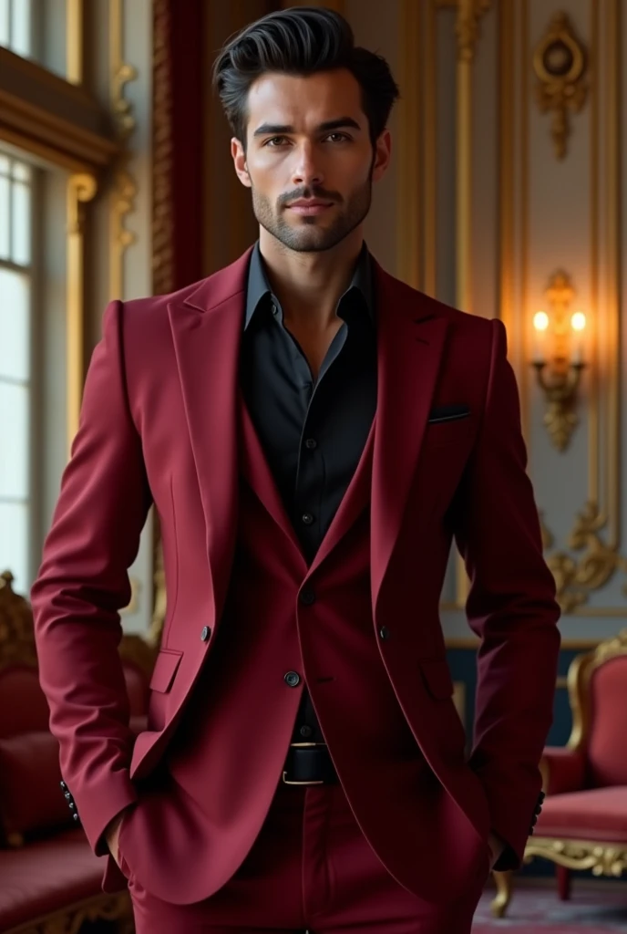 A young Italian man in a luxurious room wearing a red suit and a black shirt