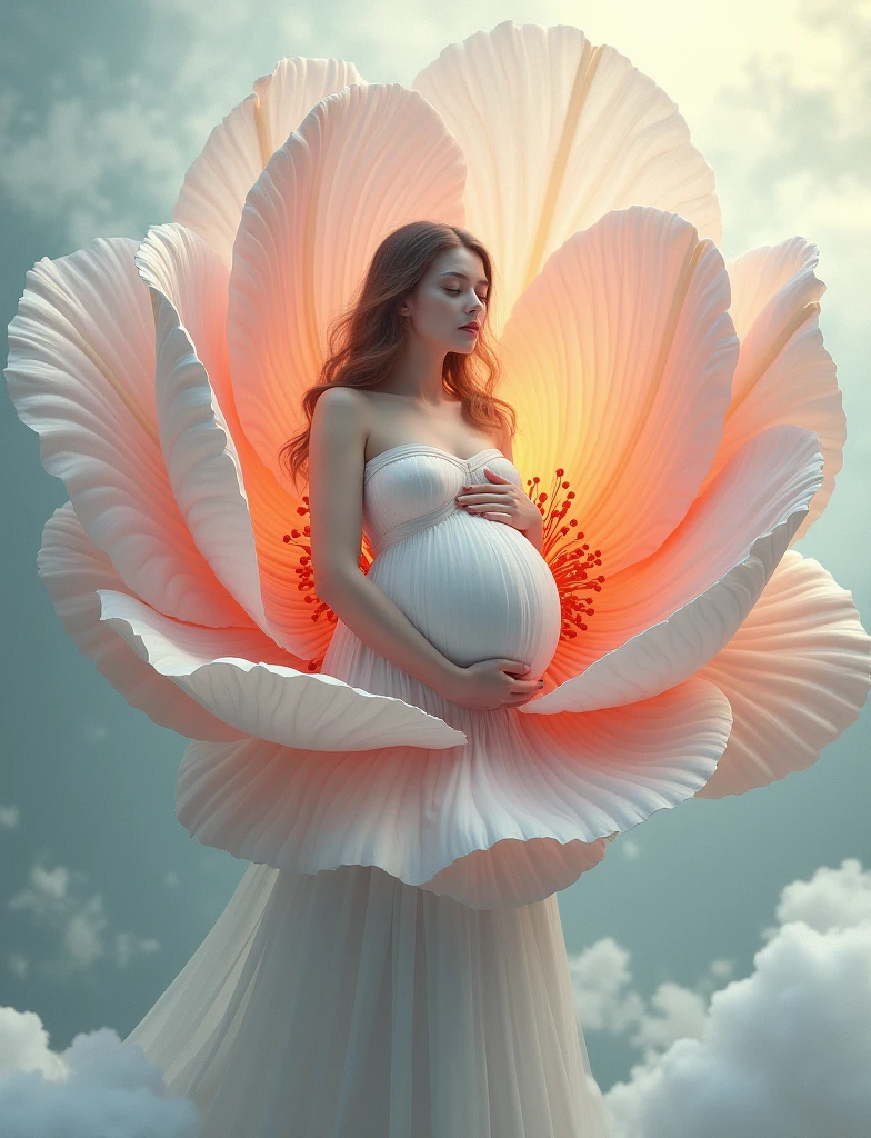 pregnant woman in blue dress standing in a large flower, digital art inspired by Igor Kieryluk, trending on cg society, digital art, maternal photography 4 k, perky woman made of petals, pregnant belly, stunning elegant pose all pose different , flower goddess, lady with glowing flowers dress, maternity feeling, dressed in a flower dress, photo manipulation, beautiful and graceful, pregnant, leaf flowing in air, cloudy effect some flowers leaf