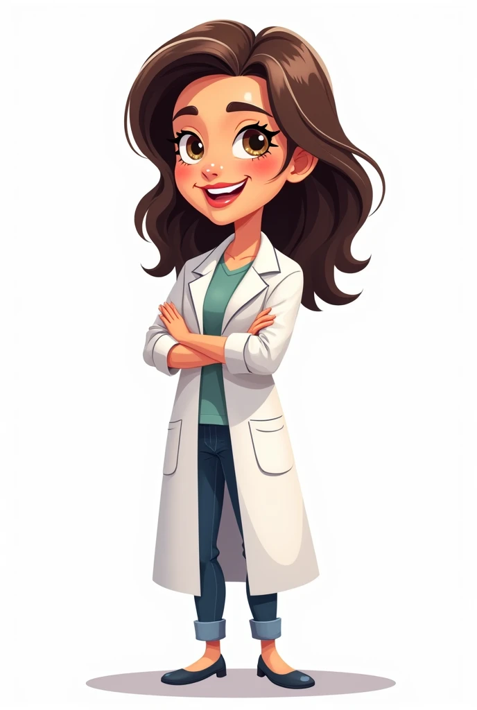 Woman in psychologist&#39;s lab coat standing full body cartoon drawing white background