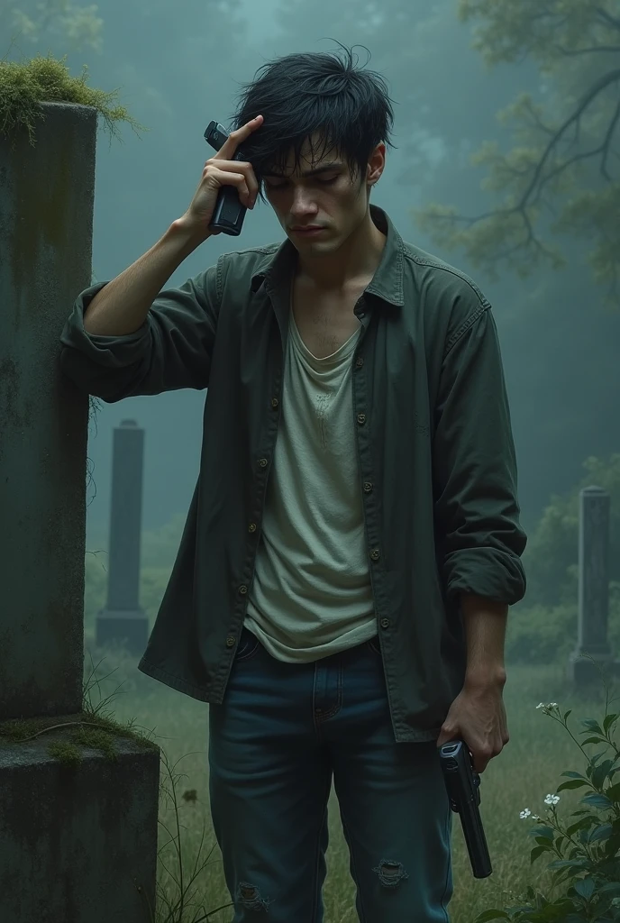 Sad Young Man Holding a Gun to His Head on the Grave