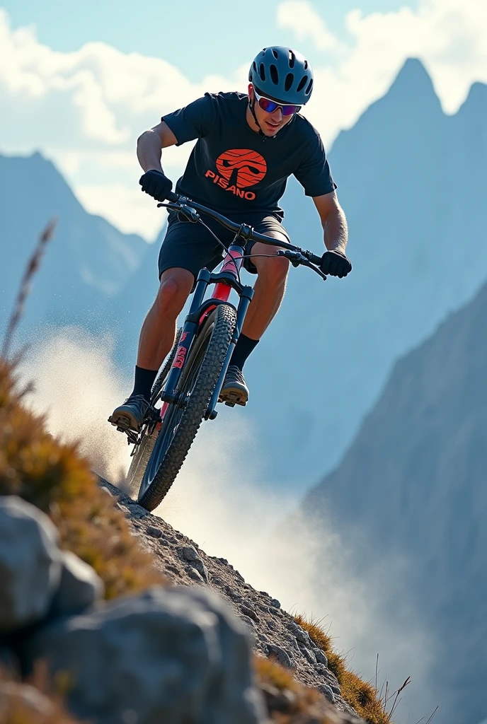 cree un rider avec un vtt de descente il a une casquette et descend une montagne, sur son tee shirt il est ecrit PISANO, il a un style unique comme un skateur american, une photo en 4K