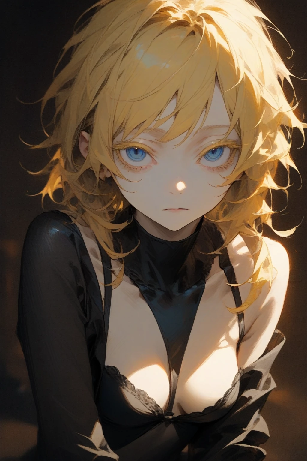 masterpiece, best quality, very aesthetic, absurdres,1girl,blonde hair,short hair,disheveled hair,colored eyelashes,blonde eyelashes,blue eyes,(sharp eyes),(slanted eyes),choppy bangs,medium breasts,prostitute,brothel,clear face,expressionless,