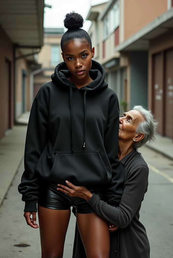 black woman hair in a bun black hoodie   black leather short shorts   a old grandma in a dress on her knees kissing her ass behind her squeezing her butt
