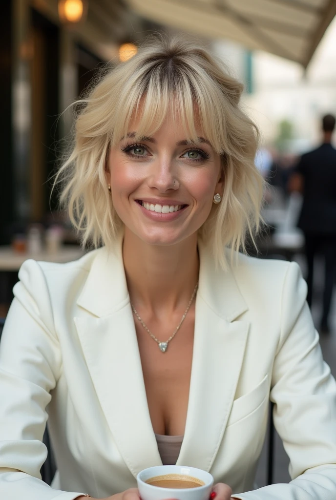 (((best qualityer))), highly detailed, high resolution. 2 female, blondie hair, clear green eyes, fleshy lips, heavy makeup in this photo, a stunning blonde woman with a shaggy hairstyle with bangs, centred in image, is captured in an outdoor Parisian cafe. Her elegant smile and delicate necklace add a touch of sophistication to the scene., while the white business suit and a cup of coffee on the table suggest a busy day ahead. The style of fashion photography, with your use of f2.5 and 100mm lens, creates an impressively detailed and creative image that is sure to inspire front detail.