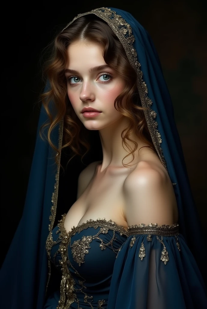 sargent painting. Photorealism、(black background!!!!!), Highest quality、Ultra-high resolution、The most beautiful!!!!! teen!!!! girl、(very extremely!!!!!! beautiful!!!!!!! highly detailed  young!!!!!!! face)、big Breasts、thin、、Translucent white!!!!! skin、 german!!!!!, Big bright blue eyes、wavy curly hair、 (body half in shadow!!!!!!), ( beautiful detailed gown!!!!! with golden details), (beautiful detailed dark!!!!!_blue!!!! veil!!!!!! over head with golden details), (bright topdown!!!!!! light!!!!!), (dark shades!!!!!!), contrapposto!!!!!!!!!!!!!!!!!, (receding into the dark!!!!!!!!!!!!), classical # Persephone # ancient greek goddess, greek # perfect woman, halfgirl, halfbody