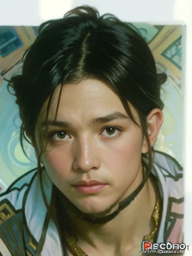 ภาพวาดดิจิทัลแบบrealisticโดย (Alphonse Mucha:1.3), A boy&#39;s face blended between Iko Uwais and Jaden Smith is the prince of the Sukhothai Kingdom., Age 22, of a muscular white man, Wear a harness, bodybuilder, sweaty body, White skin is pale and red., Smooth and clean, areolas large, black, wide, Big, pointed, swollen nipples, legend, complicated details, studio lighting, Medium shot, shoulder angle, handsome, I&#39;m a man., Mixed ethnicities between Korean and Arab., Close-up photo, golden ratio face, small smile, Long hair in the middle of the back., nature scene, Rural landscape, bokeh background, expert, 8ก, Studio portrait, soft light, By the light, realistic, movie light, Masterpiece, Highly detailed, High quality, big tits,