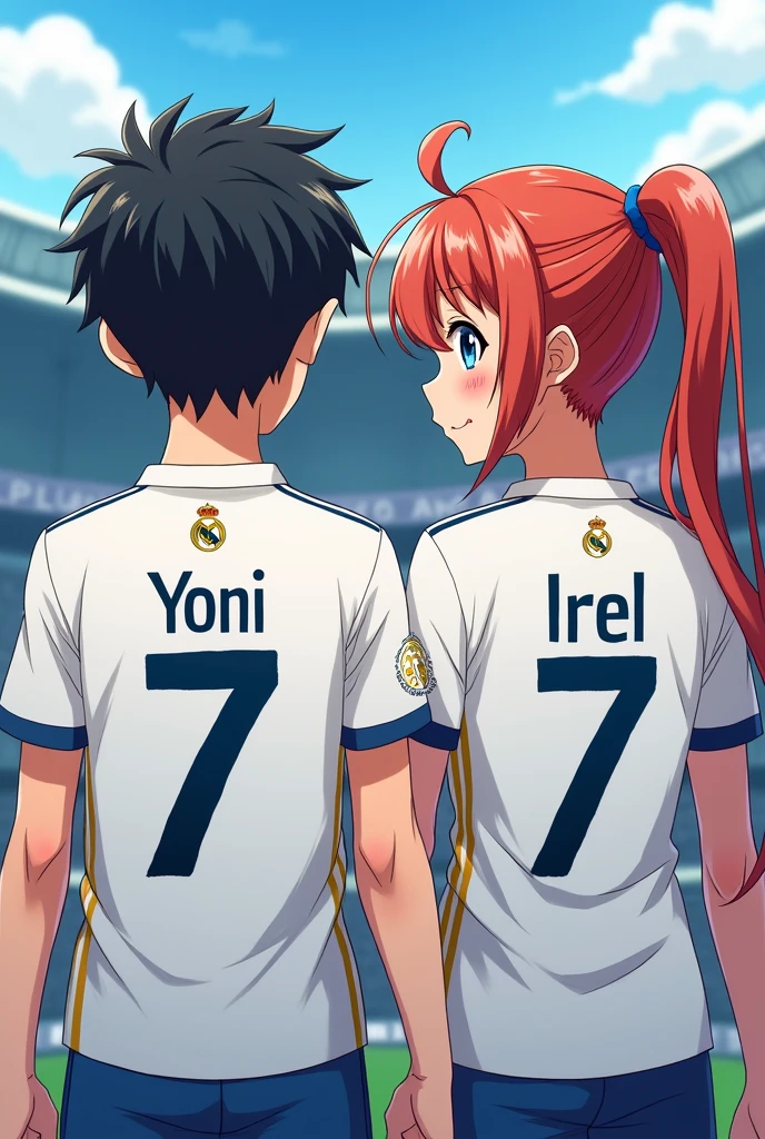 An image of an anime girl and boy wearing a Real Madrid shirt with names Yoni and Irel on the shirt with the number 7 on the back