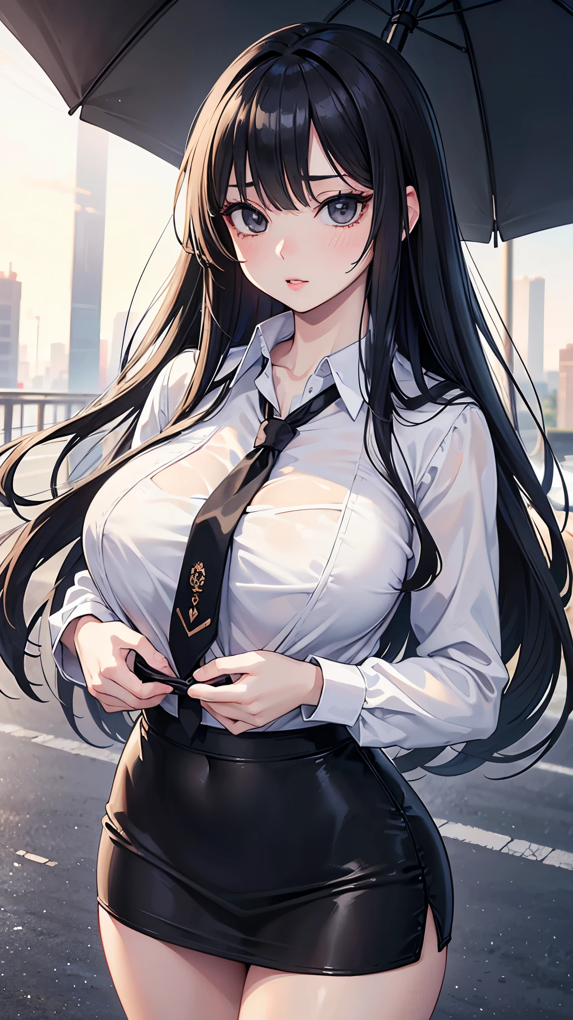 (masterpiece, 最high quality, 超High resolution, Very detailed), (Realistic:1.1, photoRealistic:1.4), Perfect illustration, Perfect lighting,Perfectly detailed hair, Perfect and exquisite face, Perfect collarbone, Perfect body,Juicy breasts, Perfect Thighs, Beautiful legs, View your audience, 1 person,Perfect Face, (Perfect Anatomy, Anatomically correct), Symmetrical face、((Shiny Hair)),Sexy Body、(masterpiece),(最high quality:1.3),8k,Very clear,(Ultra-realistic),Captivating woman,(high quality, High resolution, The finer details), Realisticなスタイルの女性,Juicy breasts、Perfect Woman、Perfect Face、Symmetrical face、Baby Face、((Big breasts))、blush、((Juicy lips))、Cowboy Shot、(((Long black hair)))、((Large, double-set black eyes、Long eyelashes))、(Red Makeup)、(((tie、shirt)))、((Black Pencil Skirt))、(Healthy and well-developed body)、((Big tits jk))、((Wide Hips))、(Outdoor、On the road)
