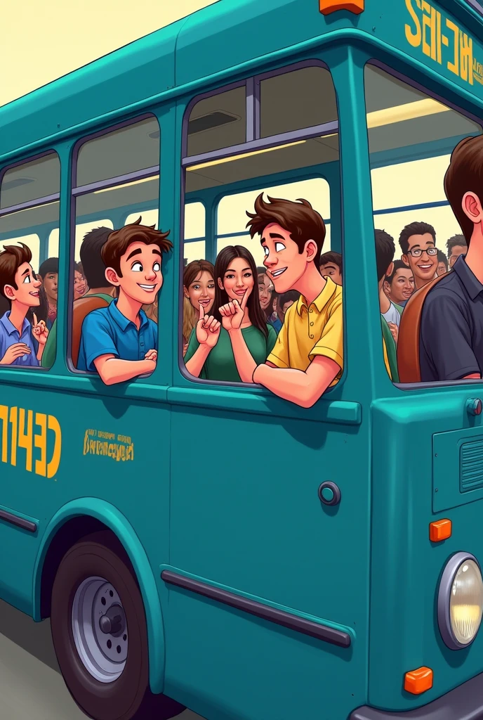 Cartoon of two men on a blue bus, raising your fingers, In the middle of the crowd, The bus says 11140.