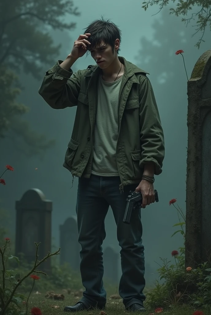 Sad Young Man Holding a Gun to His Head on the Grave