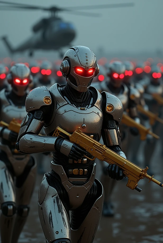 (photorealism:1.2), army of robots walking across border at night looking towards camera with golden weaponry, helicopter on the background of two propellers.