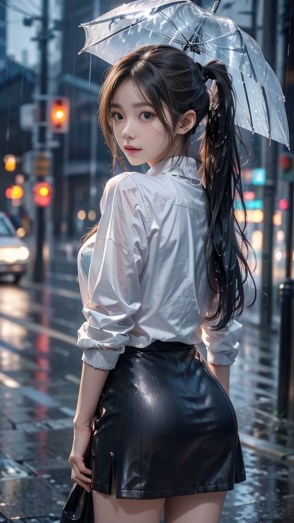 ulzzang-6500-v1.1, (RAW photo: 1.2), (Real photo), (Real photo: 1.4), 1 girl、Perfect ???????、1、Looking at the camera、((from behind)), Medium length hair, pigtails on both sides, Wet hair in the rain, soaked skirt, no umbrella, walking on the street, ((on the street without a single person, in the rain under the cold night sky: 1.2)), (Wet clothes: 1.2), (Business service)、Asian eyes Ella,