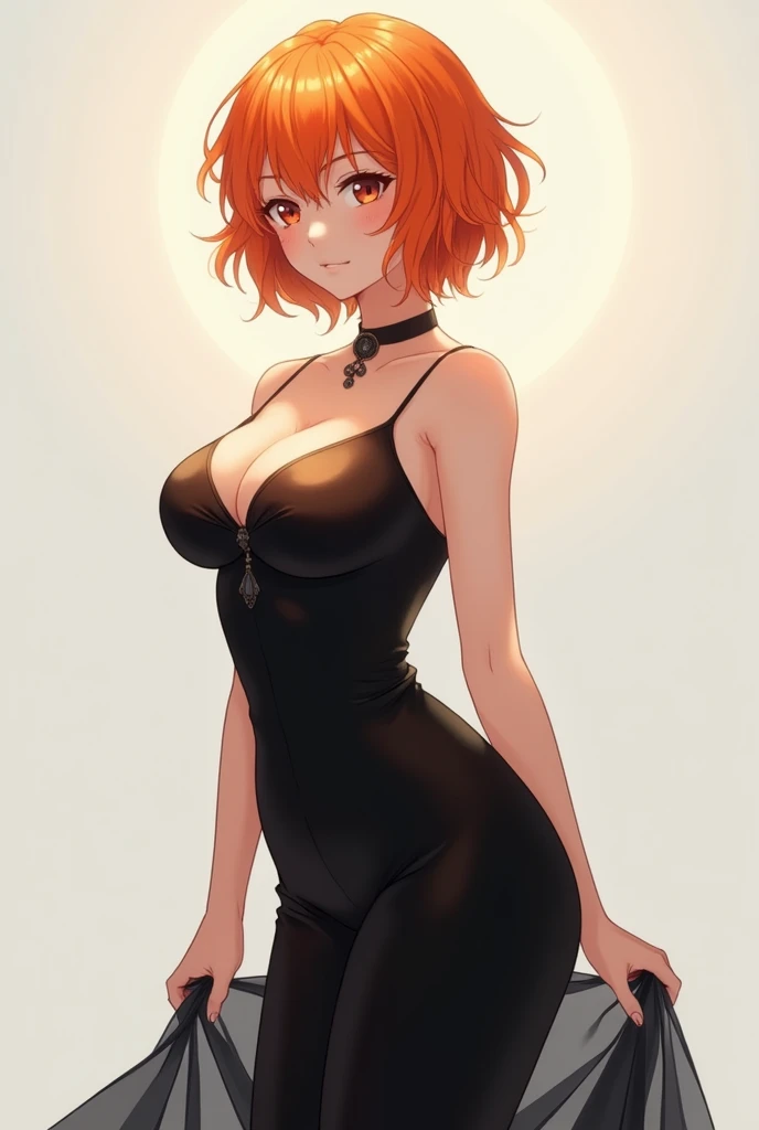 anime girl, orange short hair,breasts big, black gown