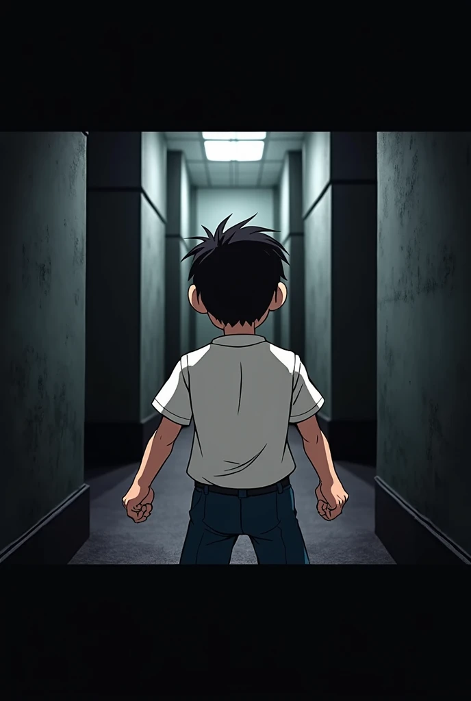 scared boy with his back turned with a surprised pose, He is in front of a wall (It's a dead end). (animated)