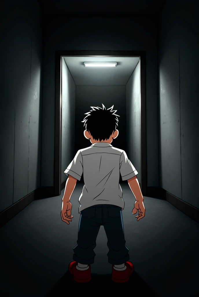 scared boy with his back turned with a surprised pose, He is in front of a wall (It's a dead end). (animated)