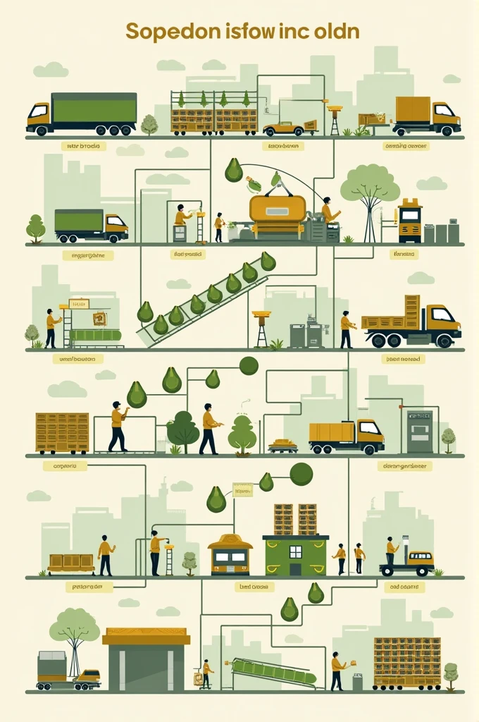 Create a layout or image that indicates procedures in order indicated by arrows. 1. Truck arrives at a factory to deliver avocado jams, 2. People download java and stack it, 3. Javas go through a shower. 4. The javas are dumped onto a belt and then passed through two water sprayers, 5. Follow the belt and people appear who select the avocado, 6. At the end of the belt, people fill the avocados into boxes., 7. People stack the boxes, 8. Stacked boxes are taken to containers on trucks or trailers. The image has to follow the sequence ordered by numbers, This is the process inside an agro-export factory. There is only one strip that connects and the avocado is whole., does not break.