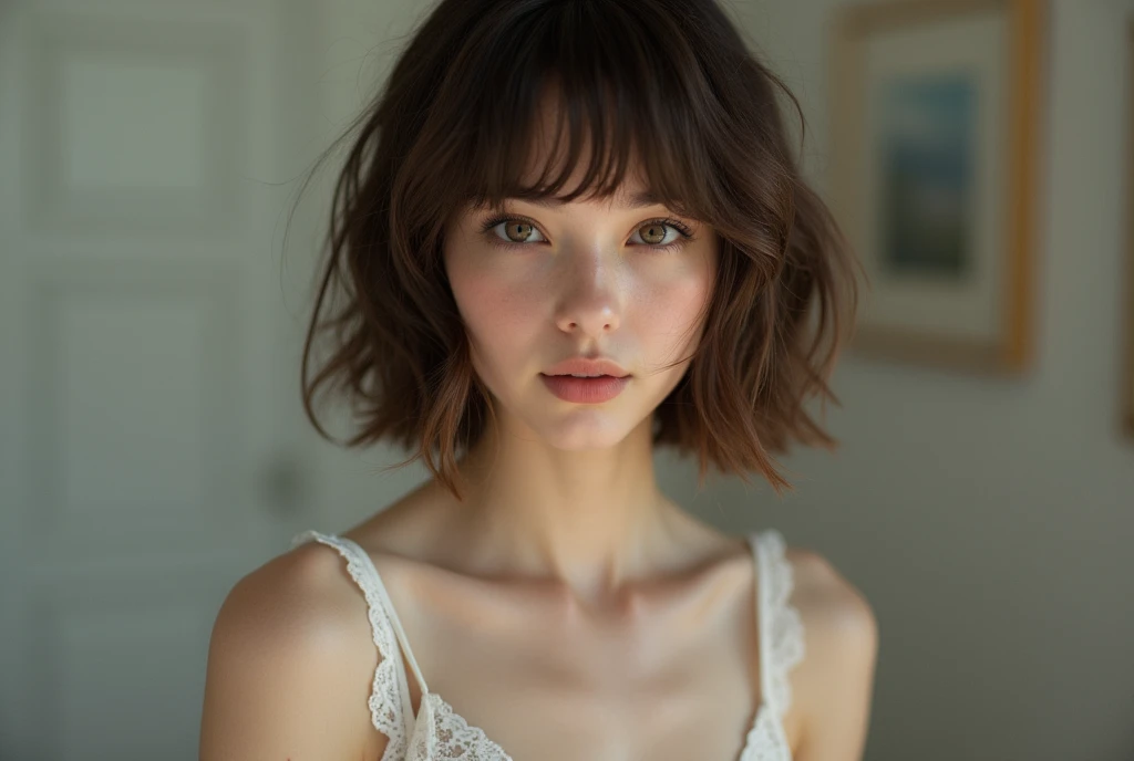 (Highest quality:1.4),(masterpiece:1.4),(Realistic:1.4),(Realistic:1.2),(超High resolution, RAW Photos:1.4),(High resolution, Very detailed:1.2),(8k:1.2),photograph,brown hair photos,Her hairstyle is a short bob with bangs....,One Girl,alone,(In white lace underwear),((whole body:1.3))