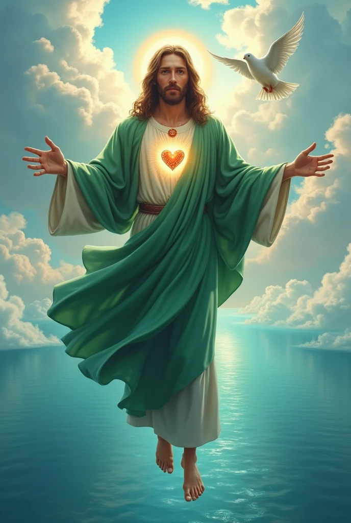 (photorealism:1.2), handsome Jesus Christ, his feet is visible to see that floating above the blue water of the sea, wearing the green color of King elegant clothes with many diamonds and crown sparkling with light, the head and heart lighting all over, focus on face looking at the camera, nice hair, outdoors, feet finger is five, bright lighting, so many clouds and blue sea water in the background, so many clouds and dove all over, cozy blue sea, relaxed pose, realistic, intricate details, bright colors,