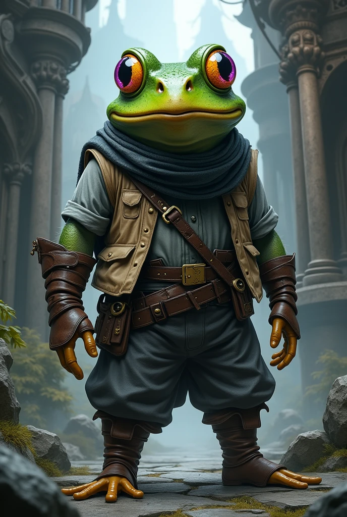Create an artwork in the style of Elden Ring featuring an anthropomorphic frog named Gratug. He has purple pupils and yellow eyelids. Gratug wears a dark gray scarf around his neck, a beige vest over a gray shirt, dark gray gloves, dark gray pants, and tall brown boots.