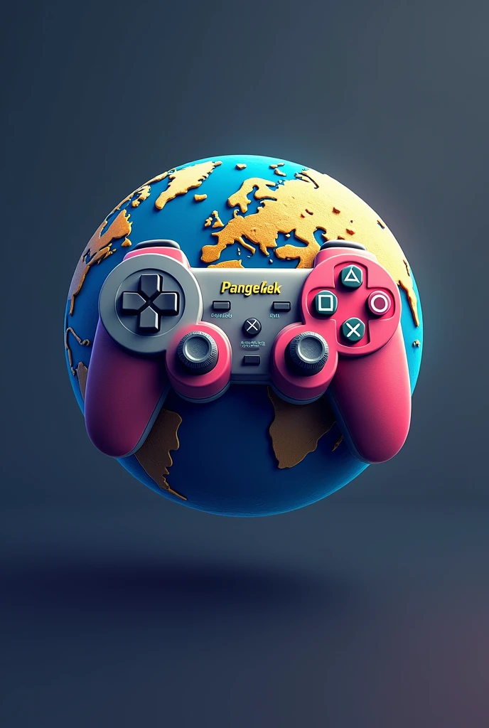 create an image that will serve as the logo for a store that sells personalized products with a geek theme, The name of the store is Pangeia Geek and the logo has a planet and the continents are shaped like a video game controller.
